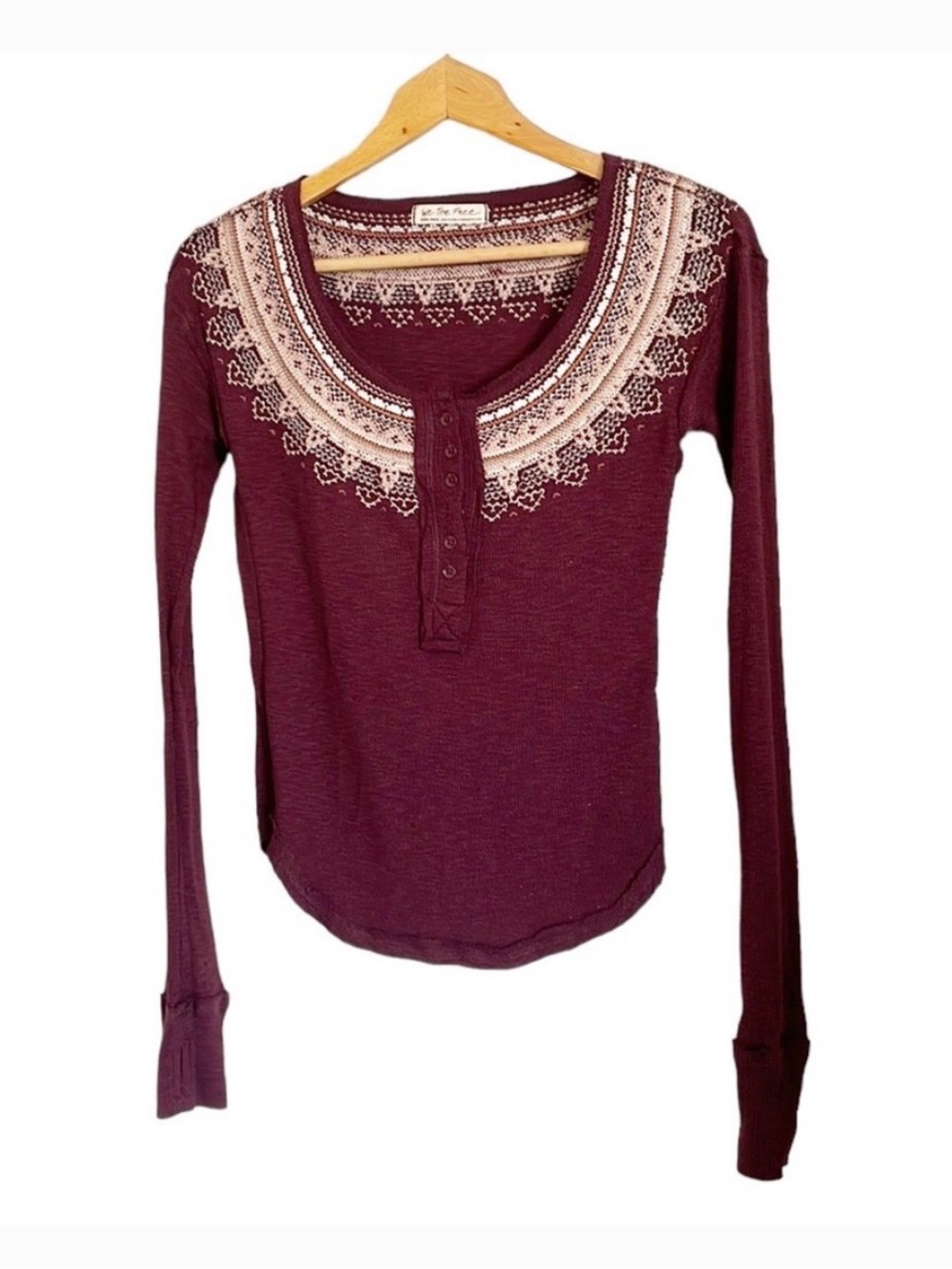Free People Burgundy Embroidered Henley Long Sleeve Top